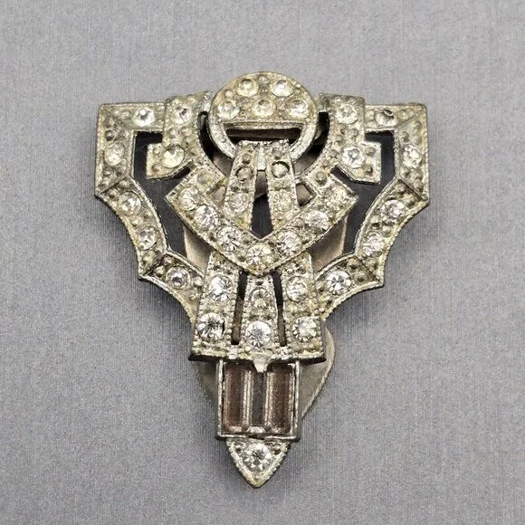 Vintage Art Deco Rhinestone Dress Clip 1.5" Silver Tone Estate Jewelry Cutouts - Picture 9 of 9